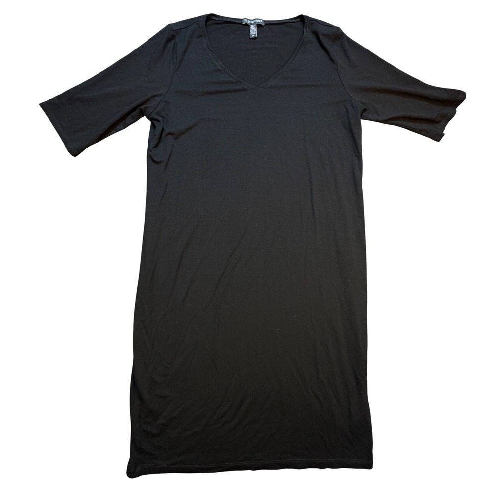 Eileen Fisher Black Viscose Stretch V-Neck Short Sleeve Shift‎ Dress S18VF Small